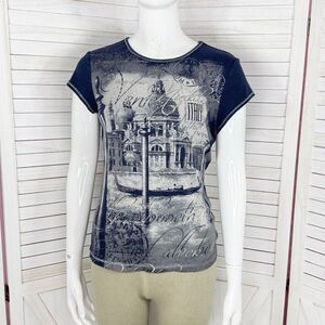 Blue Canyon Y2K Venice Italy Graphic Print Cap Sleeve Tee Shirt Blue Small